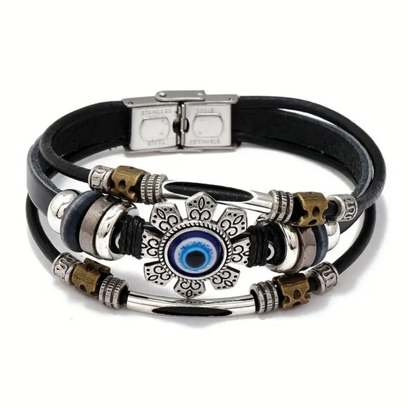 Bracelet Cuff Evil Third Eye Layered Stainless Leather Metal Beads Unisex Trendy - Picture 3 of 5